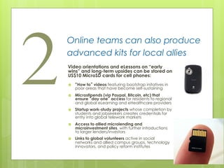 2
    Online teams can also produce
    advanced kits for local allies
    Video orientations and eLessons on “early
    w...