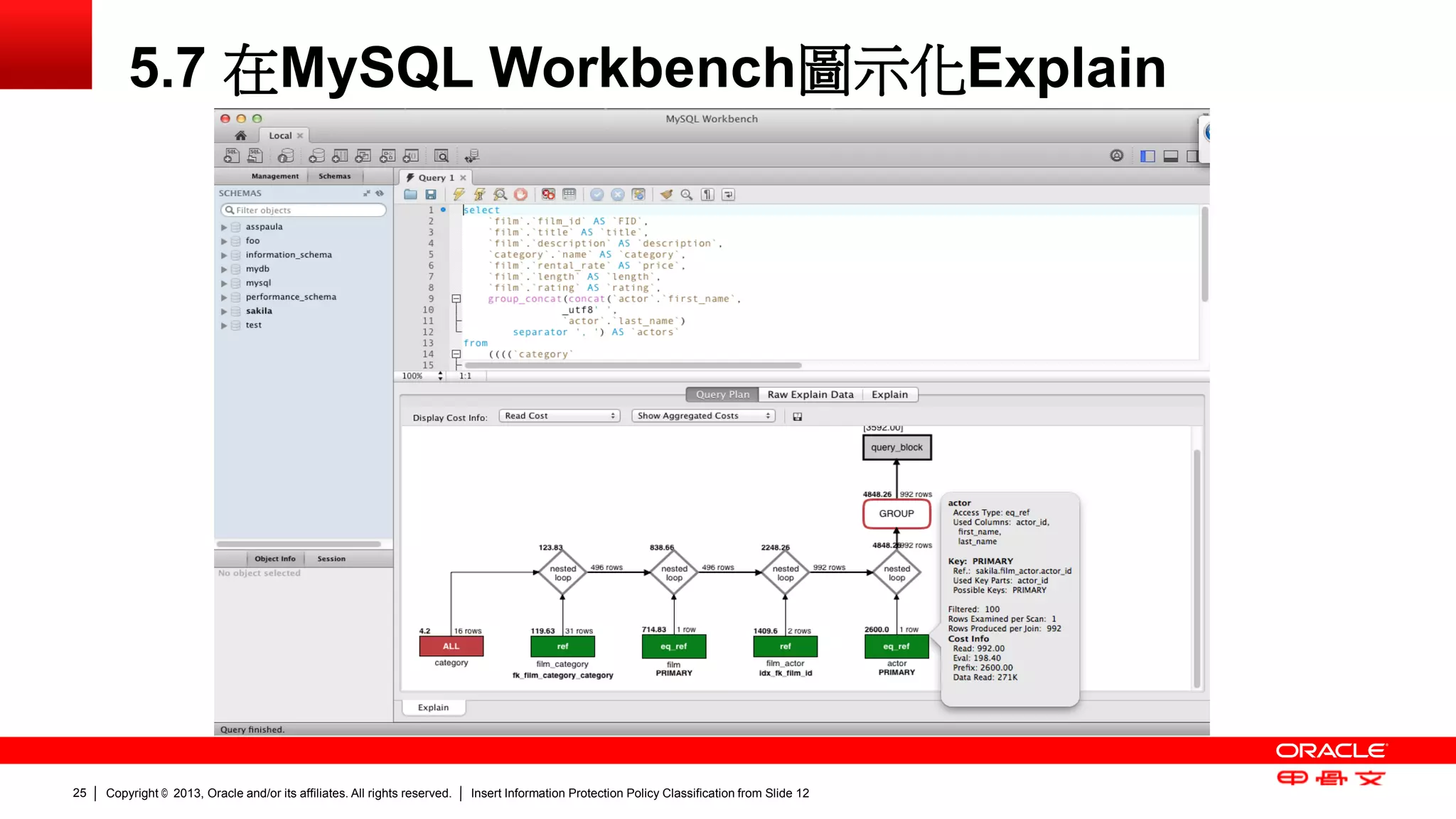Copyright © 2013, Oracle and/or its affiliates. All rights reserved. Insert Information Protection Policy Classification 25 from Slide 12 
5.7 在MySQL Workbench圖示化Explain 
 