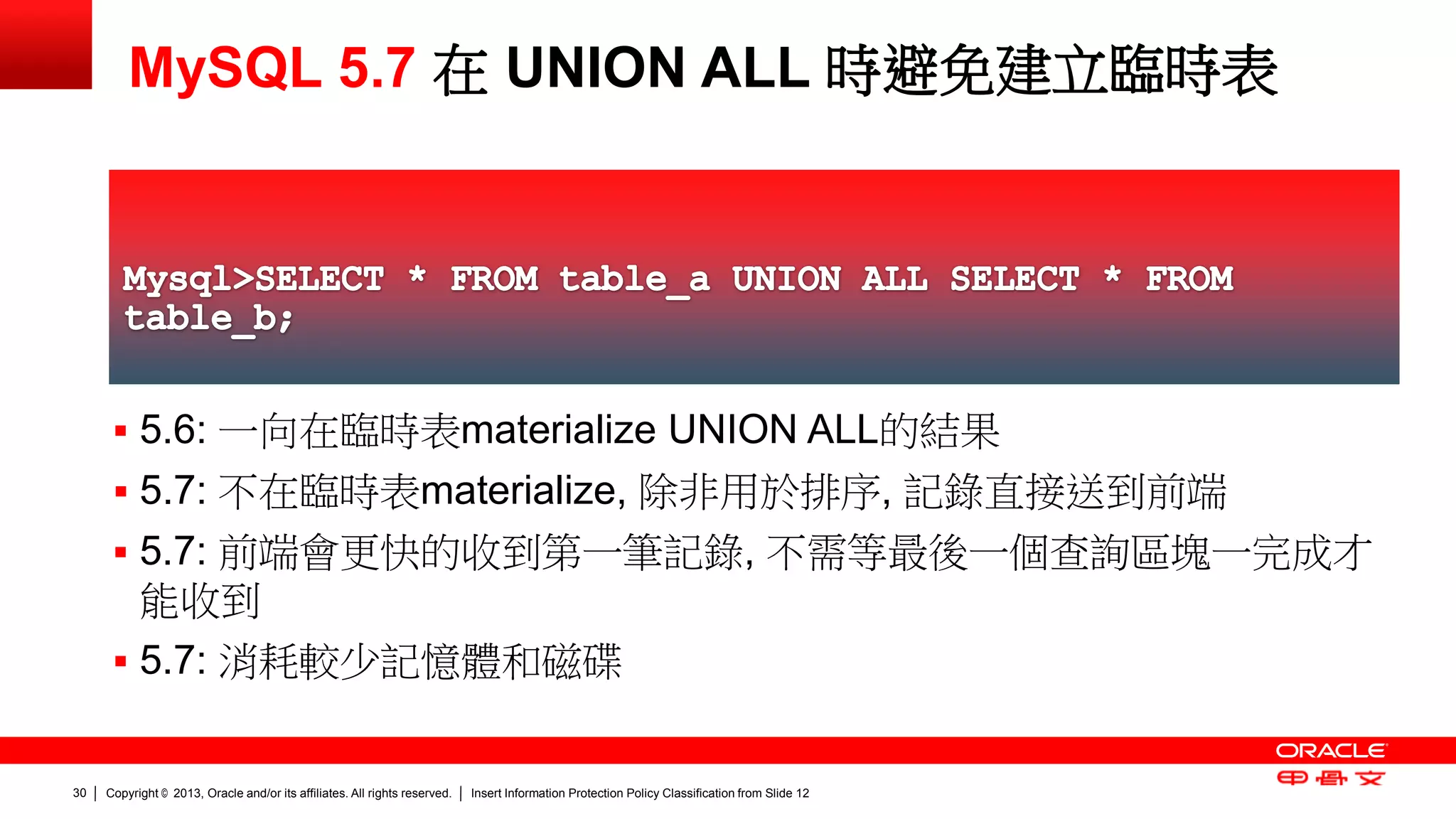 Copyright © 2013, Oracle and/or its affiliates. All rights reserved. Insert Information Protection Policy Classification 30 from Slide 12 
MySQL 5.7 在 UNION ALL 時避免建立臨時表 
 5.6: 一向在臨時表materialize UNION ALL的結果 
 5.7: 不在臨時表materialize, 除非用於排序, 記錄直接送到前端 
 5.7: 前端會更快的收到第一筆記錄, 不需等最後一個查詢區塊一完成才 
能收到 
 5.7: 消耗較少記憶體和磁碟 
 