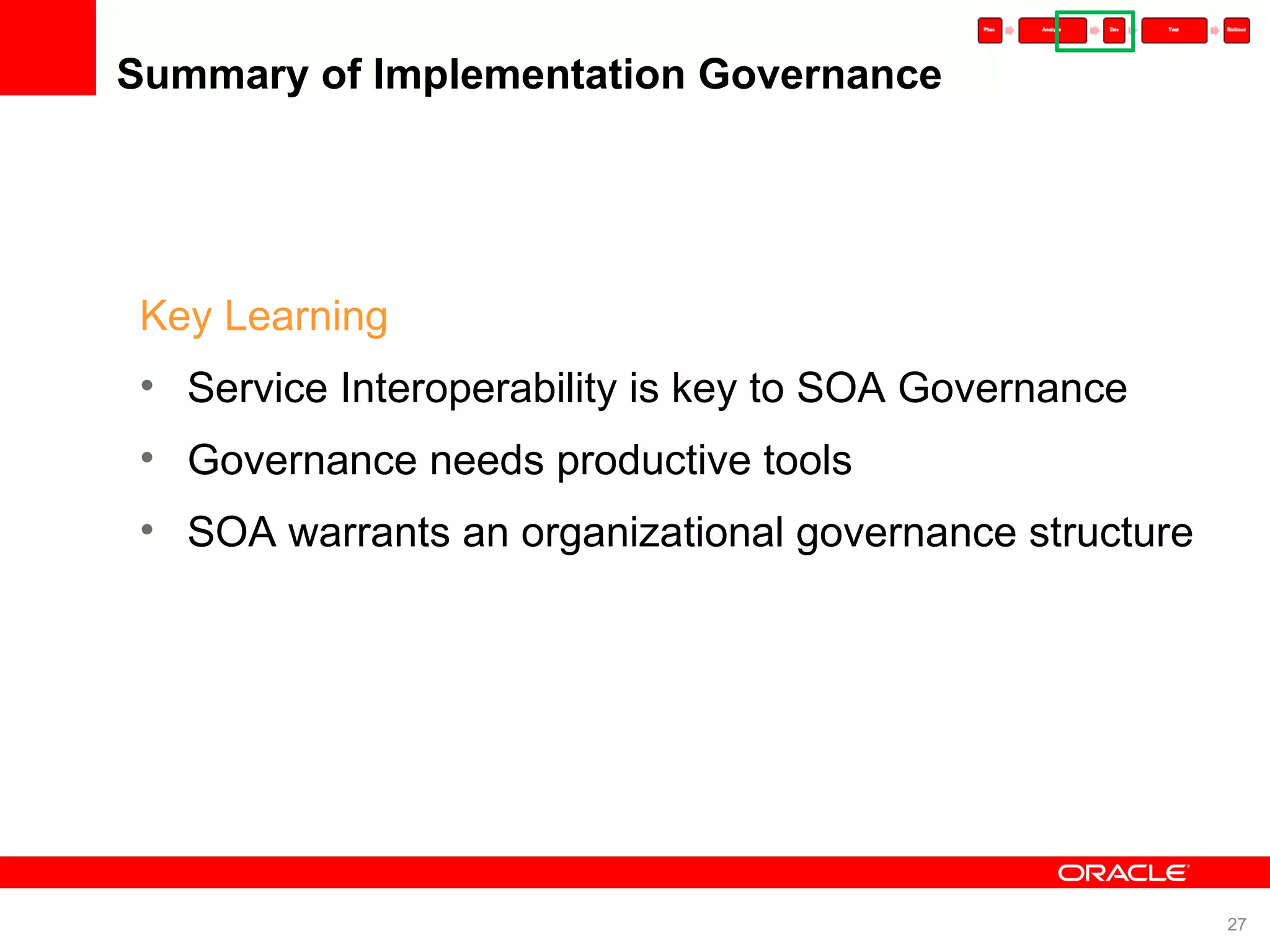 Summary of Implementation Governance Key Learning Service Interoperability is key to SOA Governance Governance needs productive tools SOA warrants an organizational governance structure 