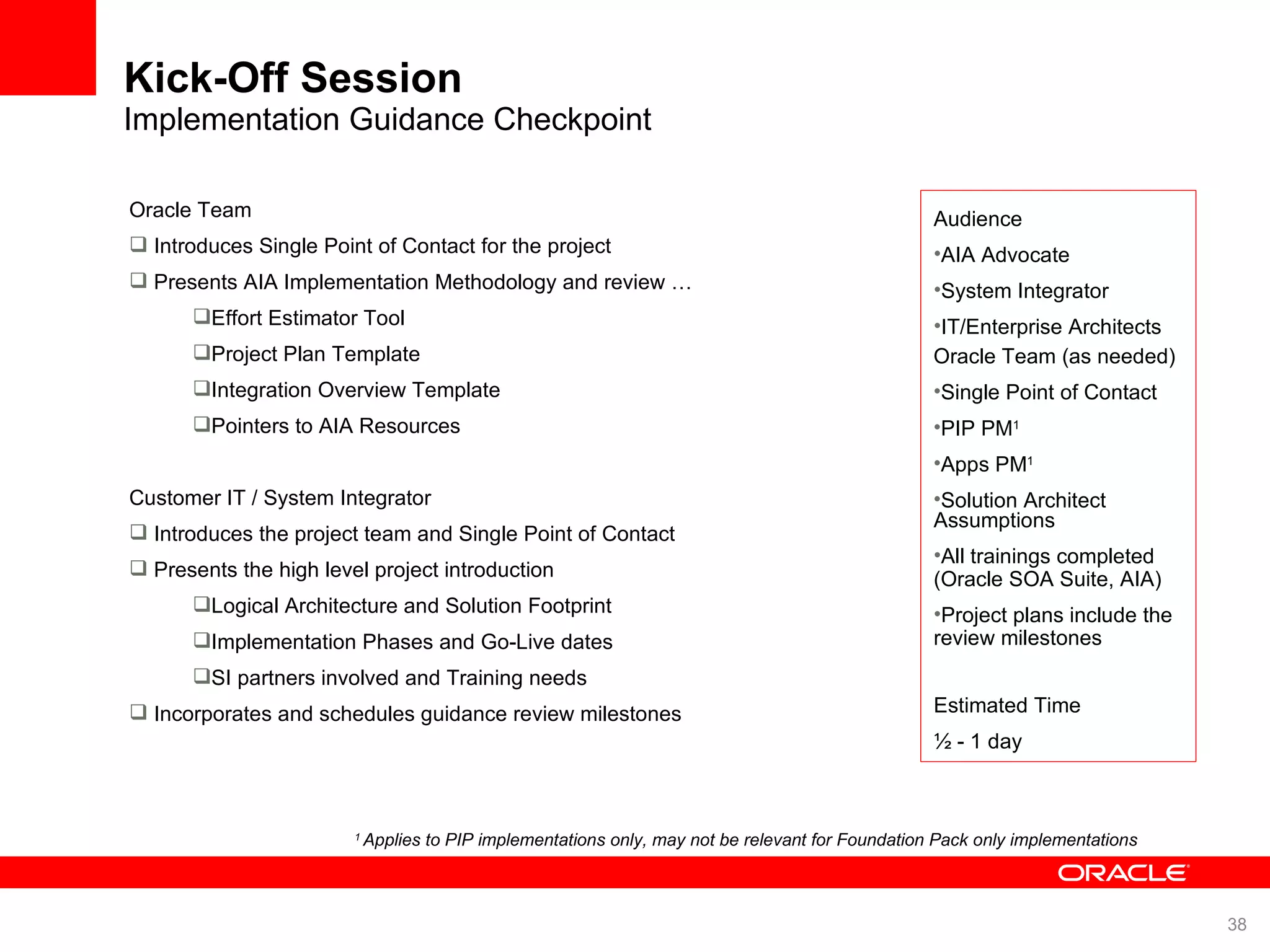 Kick-Off Session Implementation Guidance Checkpoint Oracle Team Introduces Single Point of Contact for the project Presents AIA Implementation Methodology and review … Effort Estimator Tool Project Plan Template Integration Overview Template Pointers to AIA Resources Customer IT / System Integrator Introduces the project team and Single Point of Contact Presents the high level project introduction Logical Architecture and Solution Footprint Implementation Phases and Go-Live dates SI partners involved and Training needs Incorporates and schedules guidance review milestones Estimated Time ½ - 1 day Audience AIA Advocate System Integrator IT/Enterprise Architects Assumptions All trainings completed (Oracle SOA Suite, AIA) Project plans include the review milestones Oracle Team (as needed) Single Point of Contact PIP PM 1 Apps PM 1 Solution Architect 1 Applies to PIP implementations only, may not be relevant for Foundation Pack only implementations 
