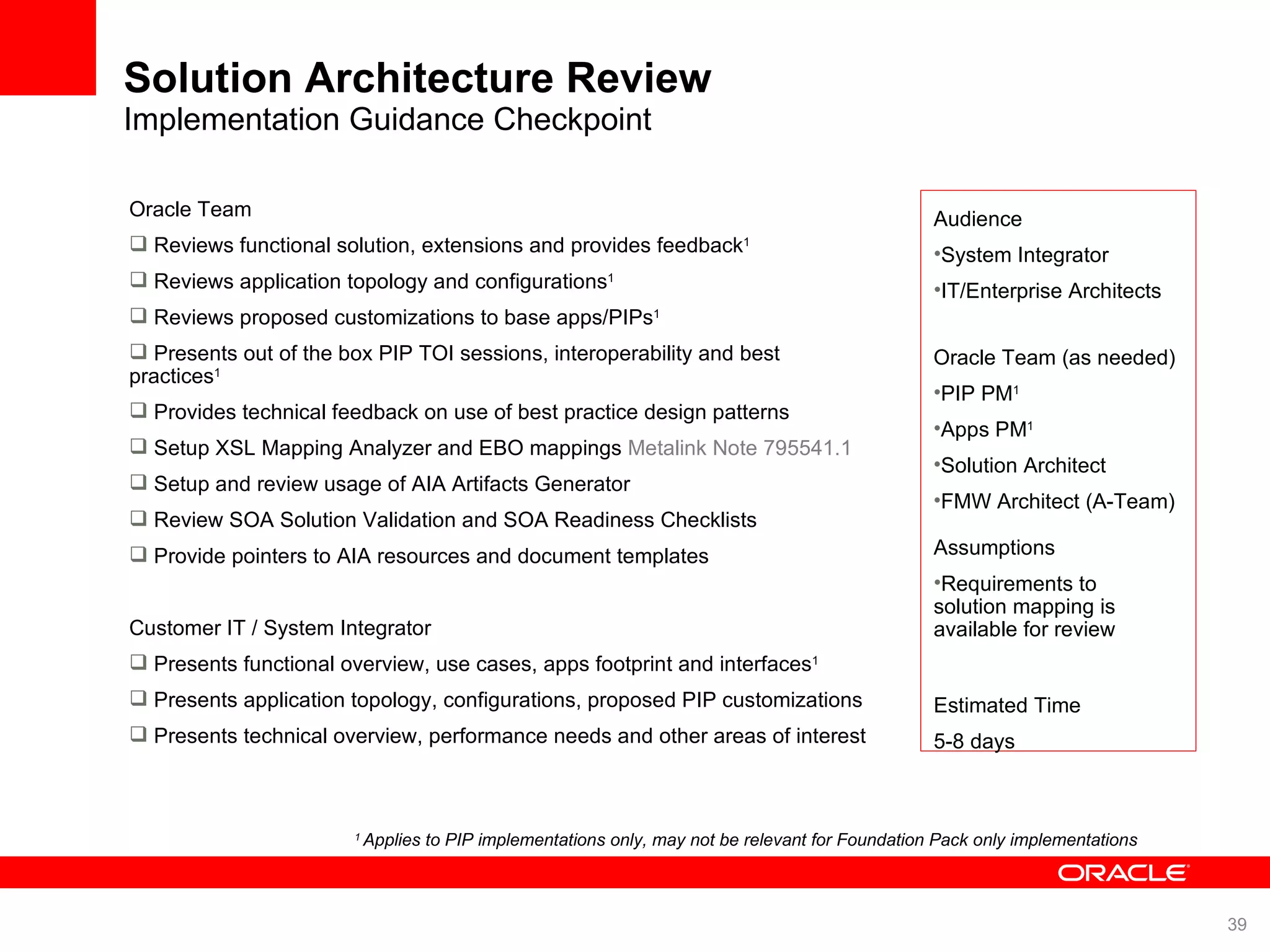 Solution Architecture Review Implementation Guidance Checkpoint Oracle Team Reviews functional solution, extensions and provides feedback 1 Reviews application topology and configurations 1 Reviews proposed customizations to base apps/PIPs 1 Presents out of the box PIP TOI sessions, interoperability and best practices 1 Provides technical feedback on use of best practice design patterns Setup XSL Mapping Analyzer and EBO mappings Metalink Note 795541.1 Setup and review usage of AIA Artifacts Generator Review SOA Solution Validation and SOA Readiness Checklists Provide pointers to AIA resources and document templates Customer IT / System Integrator Presents functional overview, use cases, apps footprint and interfaces 1 Presents application topology, configurations, proposed PIP customizations Presents technical overview, performance needs and other areas of interest Estimated Time 5-8 days Audience System Integrator IT/Enterprise Architects Assumptions Requirements to solution mapping is available for review Oracle Team (as needed) PIP PM 1 Apps PM 1 Solution Architect FMW Architect (A-Team) 1 Applies to PIP implementations only, may not be relevant for Foundation Pack only implementations 