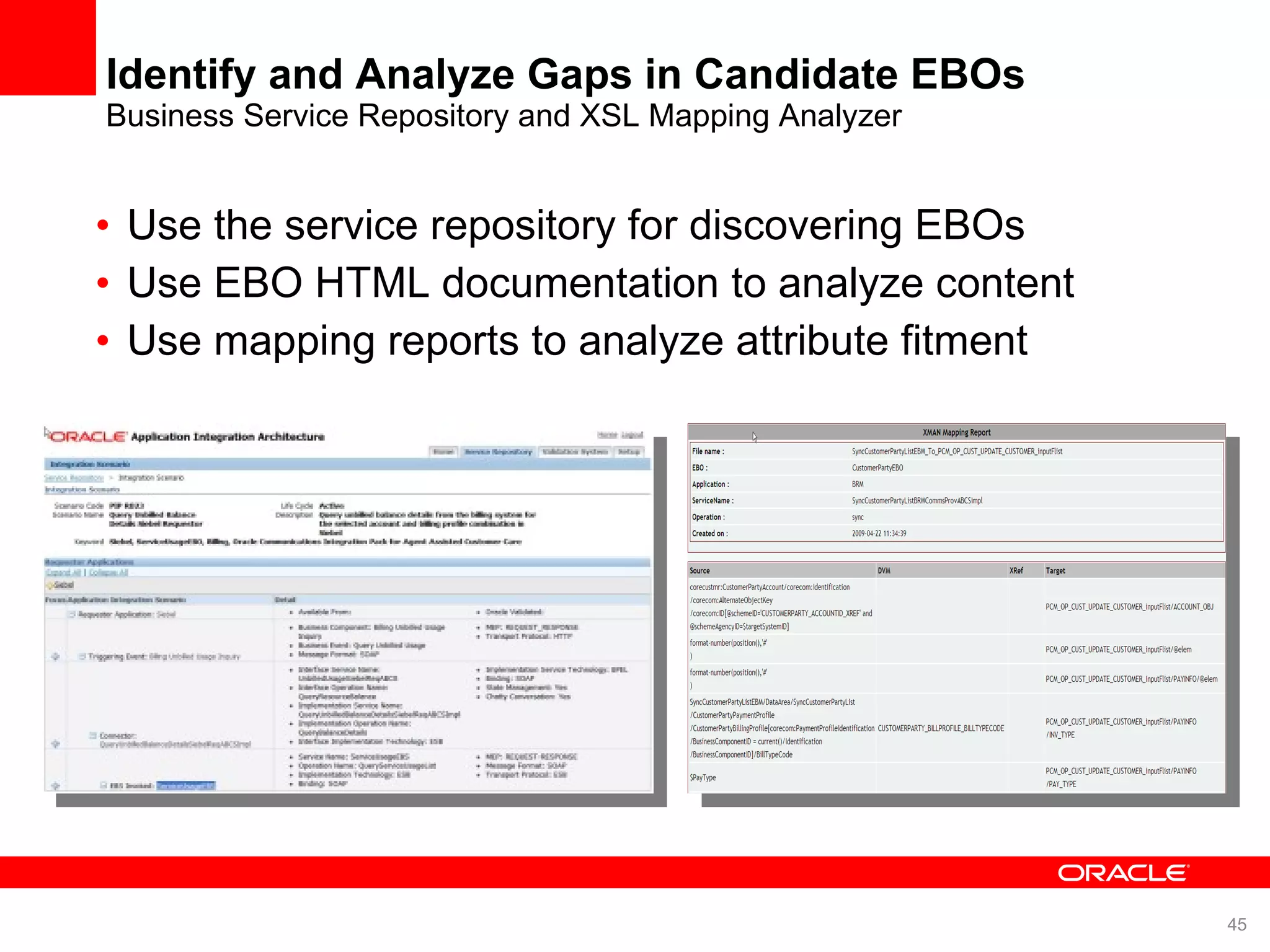Identify and Analyze Gaps in Candidate EBOs Business Service Repository and XSL Mapping Analyzer Use the service repository for discovering EBOs Use EBO HTML documentation to analyze content Use mapping reports to analyze attribute fitment 
