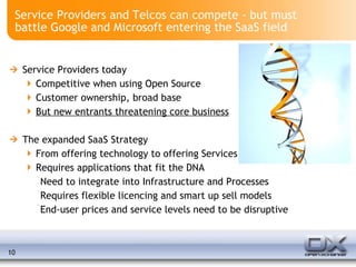 Service Providers and Telcos can compete - but must battle Google and Microsoft entering the SaaS field Service Providers today Competitive when using Open Source Customer ownership, broad base But new entrants threatening core business The expanded SaaS Strategy From offering technology to offering Services Requires applications that fit the DNA Need to integrate into Infrastructure and Processes Requires flexible licencing and smart up sell models End-user prices and service levels need to be disruptive 