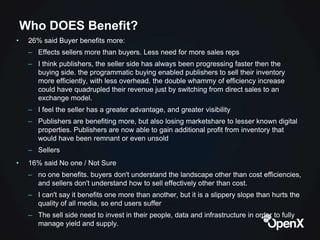 Who DOES Benefit?
•    26% said Buyer benefits more:
     – Effects sellers more than buyers. Less need for more sales rep...