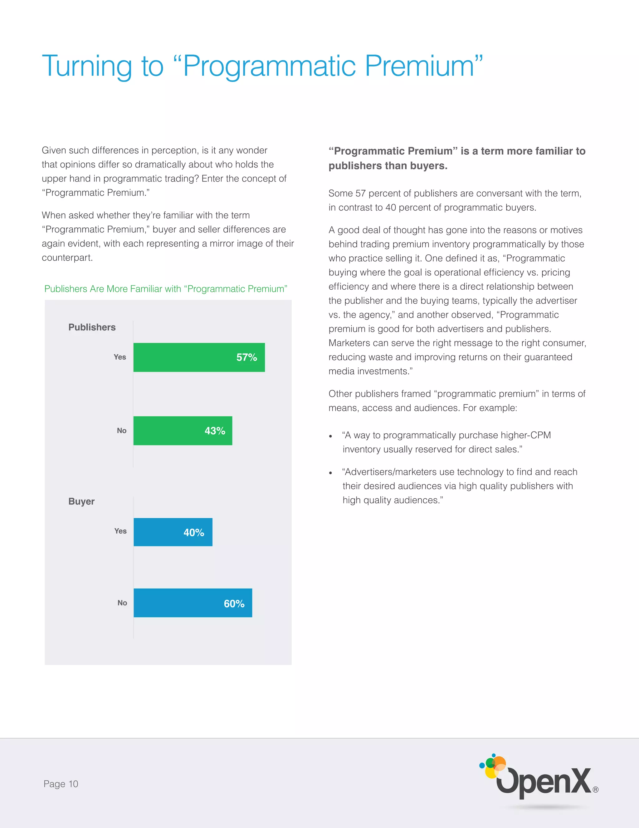 Turning to “Programmatic Premium”

Given such differences in perception, is it any wonder          “Programmatic Premium” is a term more familiar to
that opinions differ so dramatically about who holds the        publishers than buyers.
upper hand in programmatic trading? Enter the concept of
“Programmatic Premium.”                                         Some 57 percent of publishers are conversant with the term,
                                                                in contrast to 40 percent of programmatic buyers.
When asked whether they’re familiar with the term
“Programmatic Premium,” buyer and seller differences are        A good deal of thought has gone into the reasons or motives
again evident, with each representing a mirror image of their   behind trading premium inventory programmatically by those
counterpart.


Publishers Are More Familiar with “Programmatic Premium”
                                                                the publisher and the buying teams, typically the advertiser
                                                                vs. the agency,” and another observed, “Programmatic
      Publishers                                                premium is good for both advertisers and publishers.
                                                                Marketers can serve the right message to the right consumer,
                 Yes
                   Yes                         57%              reducing waste and improving returns on their guaranteed
                                                                media investments.”

                                                                Other publishers framed “programmatic premium” in terms of
                                                                means, access and audiences. For example:

                   No
                    No                  43%                        “A way to programmatically purchase higher-CPM
                                                                   inventory usually reserved for direct sales.”


                                                                   their desired audiences via high quality publishers with
      Buyer                                                        high quality audiences.”


                 Yes
                  Yes             40%




                   No
                    No                      60%




Page 10
                                                                                                                               ®
 