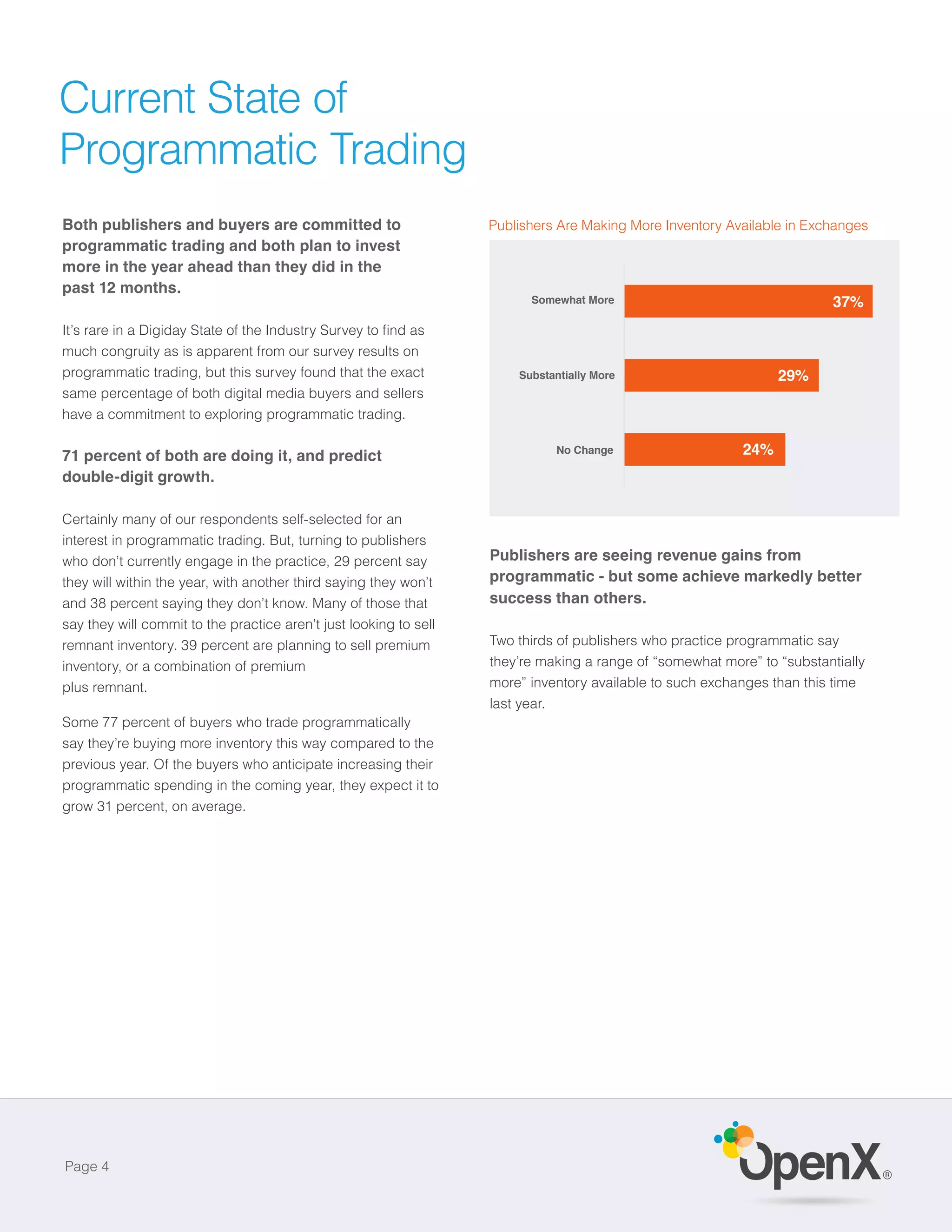 Current State of
Programmatic Trading
Both publishers and buyers are committed to                        Publishers Are Making More Inventory Available in Exchanges
programmatic trading and both plan to invest
more in the year ahead than they did in the
past 12 months.
                                                                         Somewhat More
                                                                           Somewhat More                                37%


much congruity as is apparent from our survey results on
programmatic trading, but this survey found that the exact             Substantially More
                                                                         Substantially More                     29%
same percentage of both digital media buyers and sellers
have a commitment to exploring programmatic trading.


71 percent of both are doing it, and predict                                  No Change
                                                                               No Change                  24%
double-digit growth.

Certainly many of our respondents self-selected for an
interest in programmatic trading. But, turning to publishers
who don’t currently engage in the practice, 29 percent say         Publishers are seeing revenue gains from
they will within the year, with another third saying they won’t    programmatic - but some achieve markedly better
and 38 percent saying they don’t know. Many of those that          success than others.
say they will commit to the practice aren’t just looking to sell
remnant inventory. 39 percent are planning to sell premium         Two thirds of publishers who practice programmatic say
inventory, or a combination of premium                             they’re making a range of “somewhat more” to “substantially
plus remnant.                                                      more” inventory available to such exchanges than this time
                                                                   last year.
Some 77 percent of buyers who trade programmatically
say they’re buying more inventory this way compared to the
previous year. Of the buyers who anticipate increasing their
programmatic spending in the coming year, they expect it to
grow 31 percent, on average.




Page 4
                                                                                                                                 ®
 