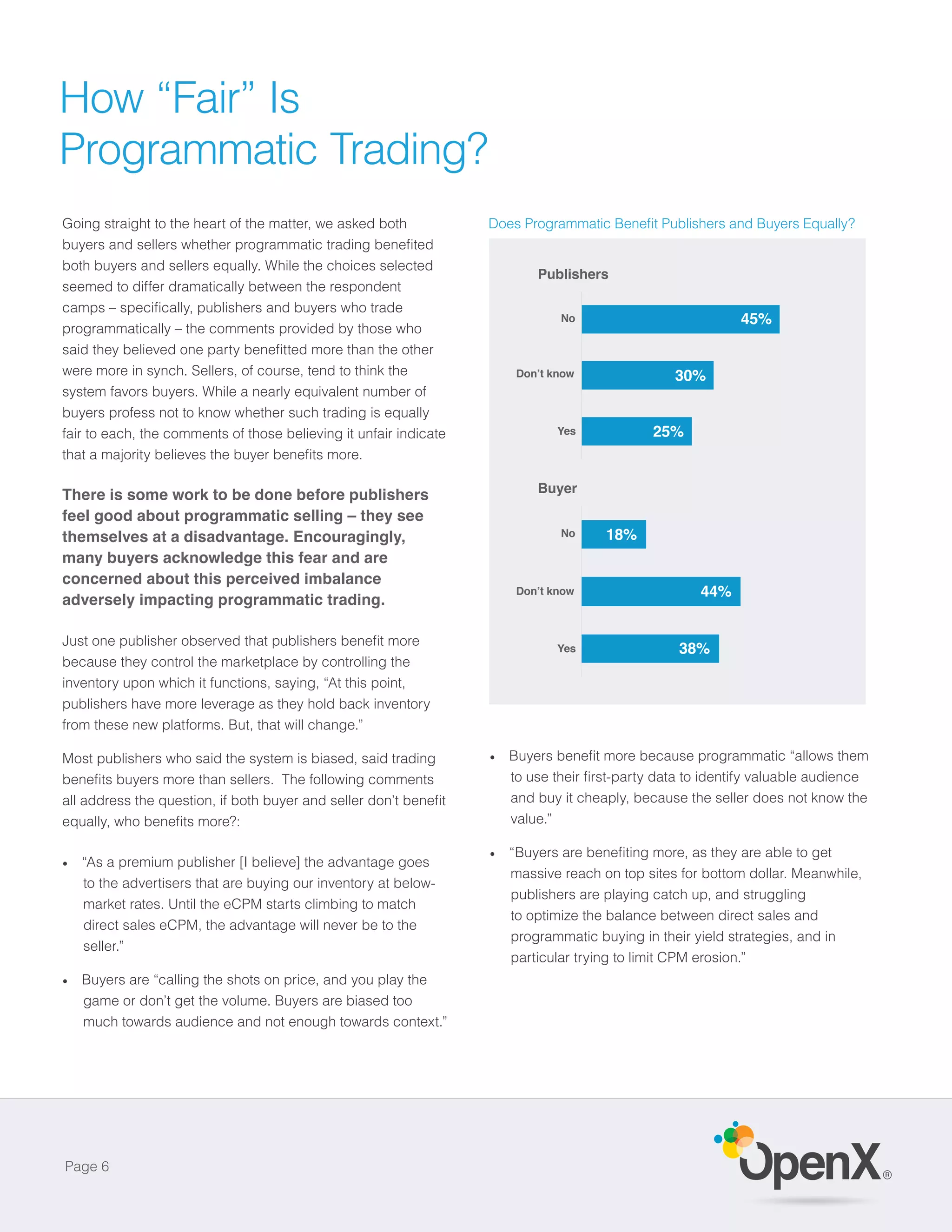 How “Fair” Is
Programmatic Trading?
Going straight to the heart of the matter, we asked both


both buyers and sellers equally. While the choices selected
                                                                      Publishers
                                                                      Publishers
seemed to differ dramatically between the respondent

                                                                            No
                                                                            No                         45%
programmatically – the comments provided by those who


were more in synch. Sellers, of course, tend to think the            Don't know              30%
system favors buyers. While a nearly equivalent number of
buyers profess not to know whether such trading is equally
fair to each, the comments of those believing it unfair indicate           Yes
                                                                           Yes           25%



There is some work to be done before publishers                        Buyer
feel good about programmatic selling – they see
themselves at a disadvantage. Encouragingly,                                No
                                                                            No    18%
many buyers acknowledge this fear and are
concerned about this perceived imbalance
                                                                                                 44%
adversely impacting programmatic trading.


                                                                           Yes
                                                                           Yes               38%
because they control the marketplace by controlling the
inventory upon which it functions, saying, “At this point,
publishers have more leverage as they hold back inventory
from these new platforms. But, that will change.”

Most publishers who said the system is biased, said trading

                                                                   and buy it cheaply, because the seller does not know the
                                                                   value.”


   “As a premium publisher [I believe] the advantage goes
                                                                   massive reach on top sites for bottom dollar. Meanwhile,
   to the advertisers that are buying our inventory at below-
                                                                   publishers are playing catch up, and struggling
   market rates. Until the eCPM starts climbing to match
                                                                   to optimize the balance between direct sales and
   direct sales eCPM, the advantage will never be to the
                                                                   programmatic buying in their yield strategies, and in
   seller.”
                                                                   particular trying to limit CPM erosion.”
   Buyers are “calling the shots on price, and you play the
   game or don’t get the volume. Buyers are biased too
   much towards audience and not enough towards context.”




Page 6
                                                                                                                              ®
 
