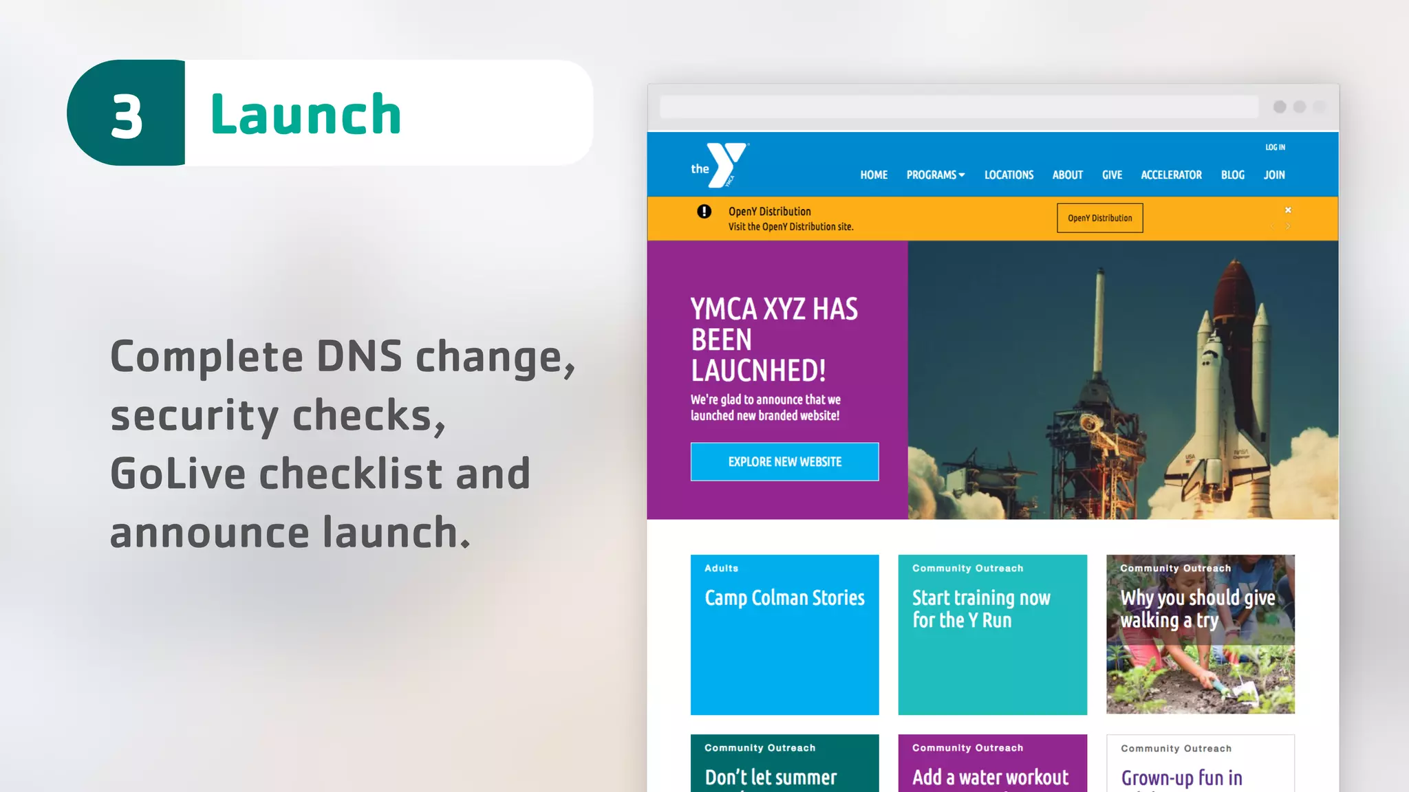 Launch3 Complete DNS change, security checks, GoLive checklist and announce launch. 