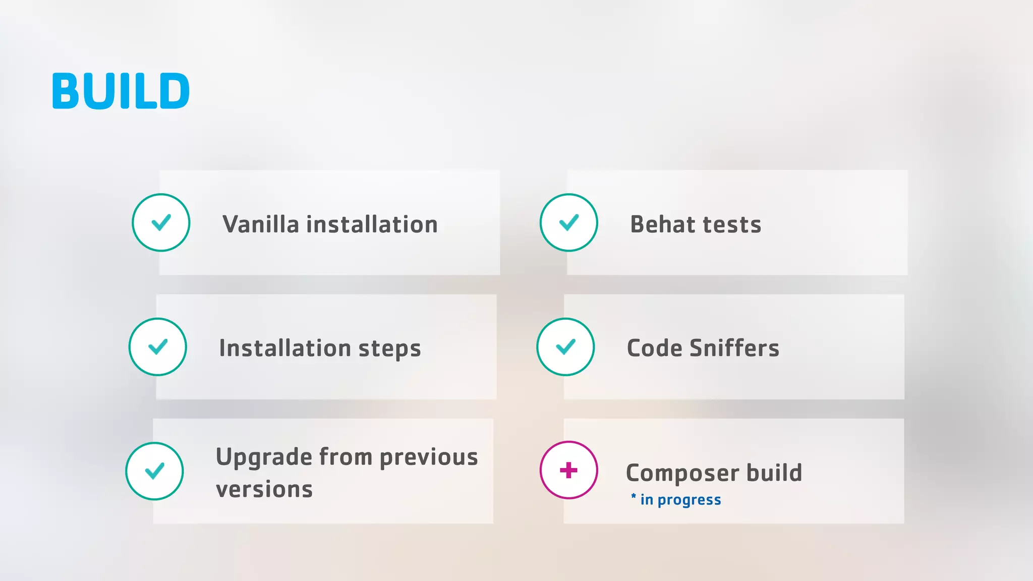 BUILD Vanilla installation Behat tests Installation steps Code Sniffers Upgrade from previous versions Composer build+ * in progress 