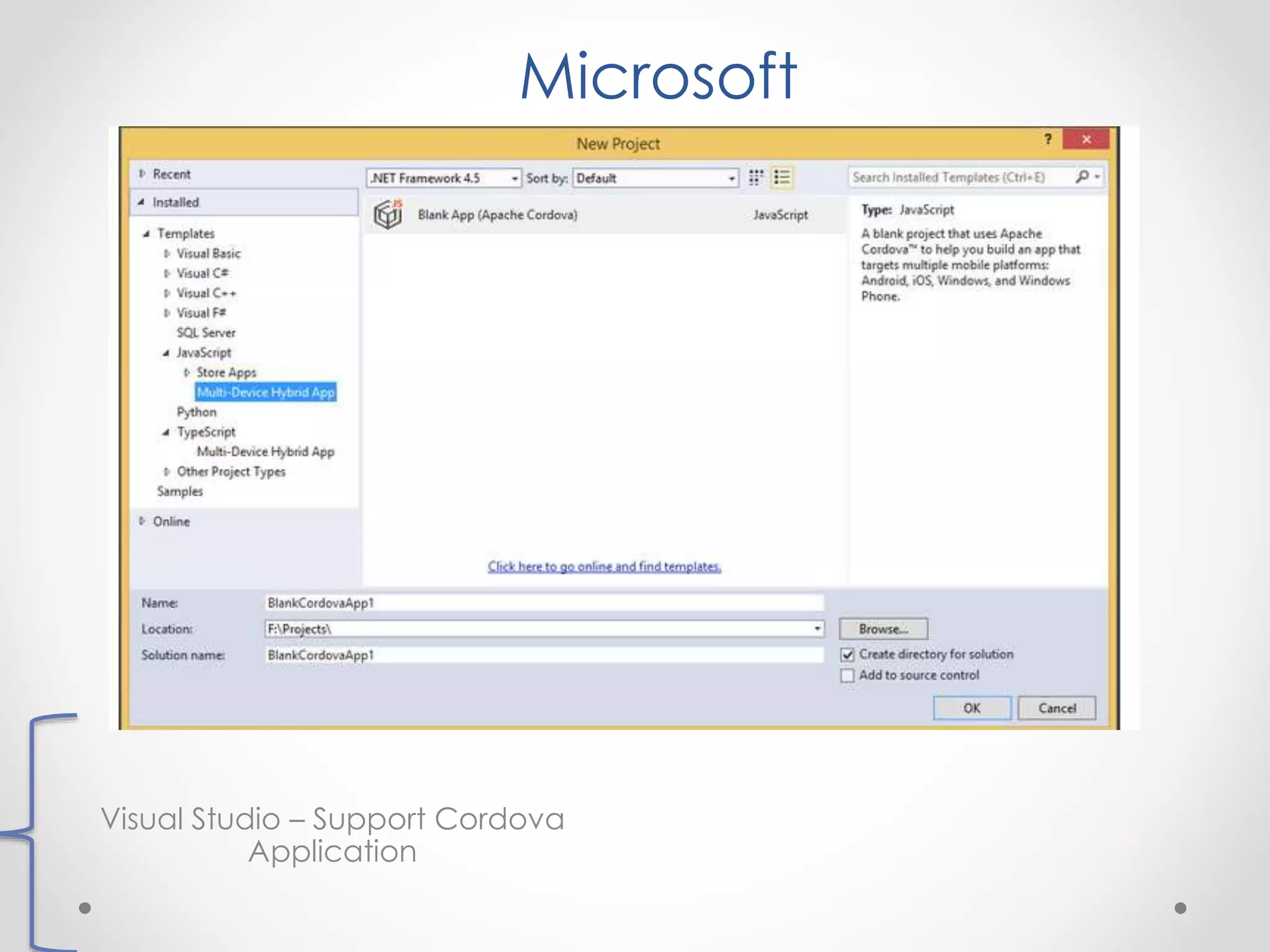 Microsoft
Visual Studio – Support Cordova
Application