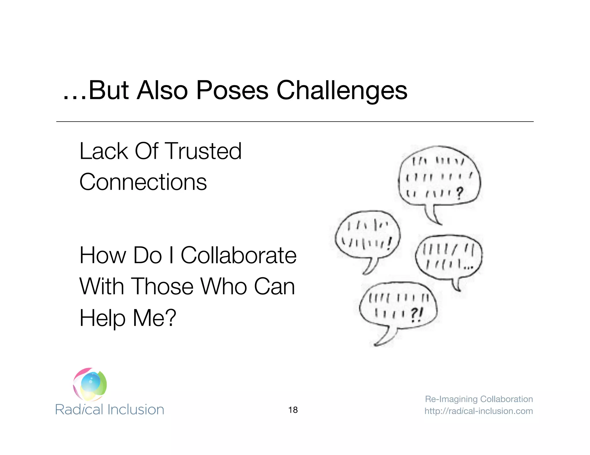 Re-Imagining Collaboration
http://radical-inclusion.com
Lack Of Trusted
Connections
How Do I Collaborate
With Those Who Can
Help Me?
…But Also Poses Challenges
18
 