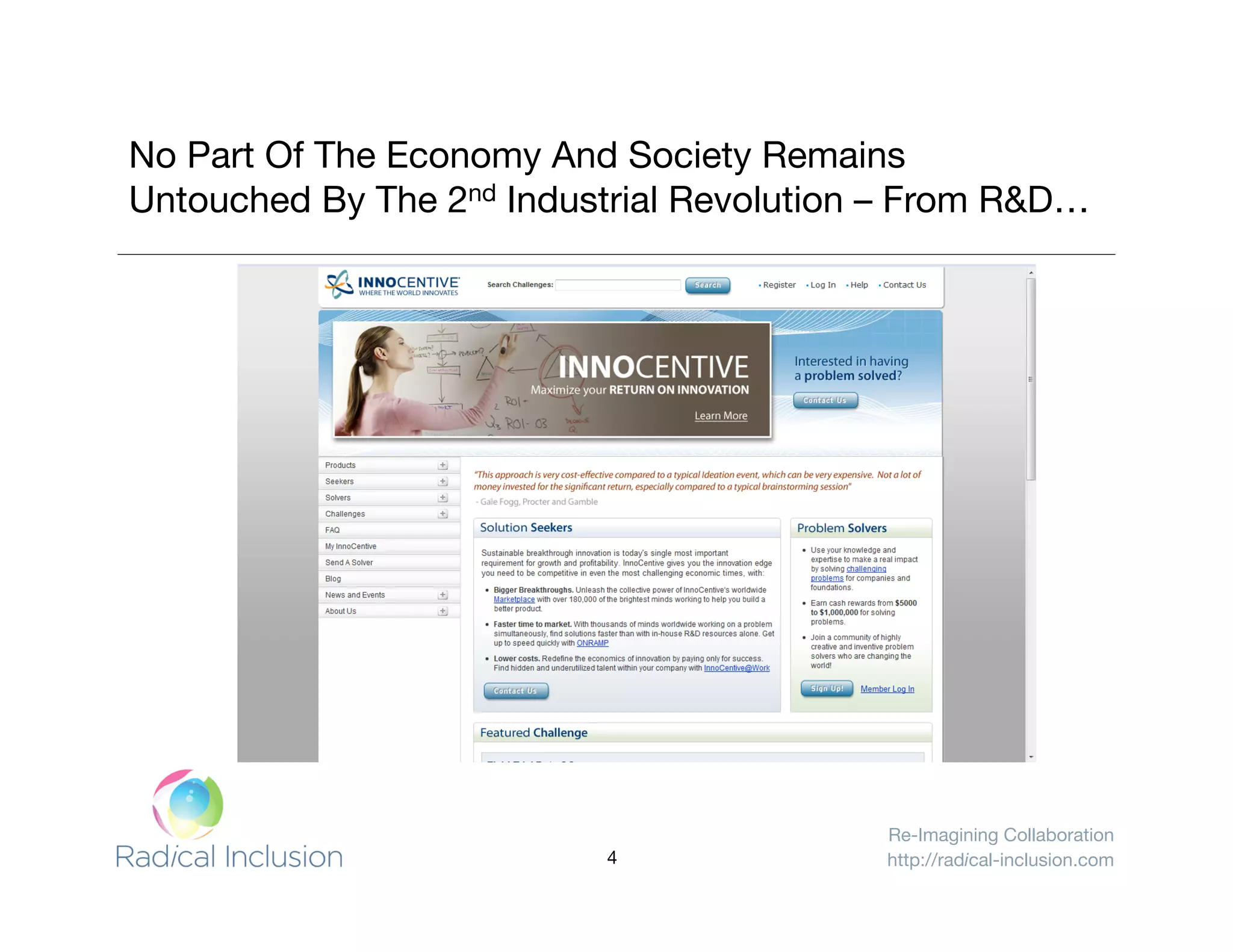Re-Imagining Collaboration
http://radical-inclusion.com
No Part Of The Economy And Society Remains "
Untouched By The 2nd Industrial Revolution – From R&D… 
4
 