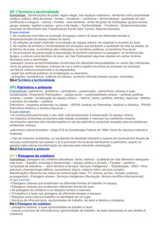 OP 1 Território e territorialidade
Conceituar: Demarcações de poder, legal e ilegal, nos espaços cotidianos - territórios como propriedade
coletiva, pública, idéia de posse – limites – fronteiras – vizinhança – territorialidade - qualidade de vida
conflituosa e insegura - bairros – favelas - auto-estradas - limite de poder de instituições, grupos sociais,
gangs, estados, regiões e países - povo e de nação – Territorialidade - Fronteiras - Desterritorializados:
(exemplo do Movimento dos Trabalhadores Rurais Sem Terras)- Reterritorializados
O que ensinar
1. As mudanças ocorridas na produção do espaço urbano do lazer em diferentes escalas e
tempos(produção do espaço urbano do lazer).
2. As relações de poder implícitas na produção do espaço urbano, em especial no tocante ao lazer.
3. As noções de território e territorialidade em situações que produzem a qualidade de vida na cidade: os
territórios de poder, os territórios das instituições, os territórios públicos, os territórios fora da lei.
4. Os processos de preservação e depredação do território expressos na paisagem: os territórios das
Igrejas, a ciclovia como território do lazer, as Vias Públicas(em algumas cidades em certos horários
fechadas) para a caminhada.
-paisagem urbana as territorialidades construídas em diferentes temporalidades no centro das metrópoles
como as gangues, mendigos, crianças de rua e outros sujeitos excluídos do processo de produção.
-territórios urbanos preservados e os depredados,
- papel das políticas públicas na revitalização ou abandono.
- pichações, mendicância, violência do trânsito, comércio informal (classes sociais excluídas).
RA-4 Território e territorialidade

OP2 Patrimônio e ambiente
Conceituar: patrimônio - grafiteiros – pichadores – preservação - patrimônios urbanos e suas
revitalizações -Orçamento Participativo - justiça social -- sustentabilidade urbana -- políticas públicas
urbanas – cidade - revitalização do espaço urbano - - bairros, centro, periferia, distritos, regionais - direitos
e deveres do cidadão -- periferia
Patrimônio - Impactos ambientais na cidade - IEPHA: Instituto do Patrimônio Histórico e Artístico - IPHAN:
Patrimônio Histórico e Artístico Nacional –
O que ensinar:
• as construções patrimoniais e seu valor cultural associado à preservação do espaço urbano.
•os impactos ambientais produzidos pela relação sociedade e natureza nos cotidianos urbanos.
•os impactos advindos das transformações no uso do patrimônio, propondo soluções para os problemas
ambientais urbanos.
.patrimônio cultural brasileiro - artigo 216 da Constituição Federal de 1988 (“bens de natureza material e
imaterial)
. Tipo de impactos ambientais, os resultantes da atividade industrial e queima de combustíveis fósseis de
veículos automotores que poluem o ar e provocam chuva ácida danificando o patrimônio, quanto os
gerados pela intensa transformação da natureza pela crescente urbanização.
RA-2 Patrimônio e ambiente

OP 3 Paisagens do cotidiano
Conceituar: paisagens do cotidiano (discotecas, bares, teatros) - qualidade de vida diferente e desiguais -
vida rural - - trabalho, emprego e desemprego – espaço público e privado – Favelas – periferia -
conquistas de cidadania - - setor terciário e serviços “serviços inteligentes” - Globalização - ONG - Infra-
estrutura urbana(energia elétrica, saneamento básico, sistema viário, serviços sociais)-
Massificação( influencia dos meios de comunicação rádio, TV, cinema, jornais, revistas, outdoors,
propagandas) - Paisagem urbana - Serviços inteligentes (Revolução técnico-científico-informacional).
O que ensinar
• Paisagens urbanas que evidenciam as diferentes formas de trabalho no espaço.
• Paisagens urbanas que evidenciam diferentes formas de lazer.
• As paisagens do cotidiano e as relações homem e natureza.
• O trabalho e o lazer nas paisagens de diferentes tempos e espaços.
• Relações entre cultura e trabalho na identidade de um lugar.
• Serviços de infra-estrutura, oportunidades de trabalho, de lazer e direitos à cidadania.
RA-1 Paisagens do cotidiano
- paisagens urbanas e suas oportunidades de trabalho e lazer.
- acesso a serviços de infra-estrutura, oportunidades de trabalho, de lazer associando-os aos direitos à
cidadania.
 