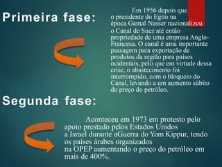 Primeira fase:
Em 1956 depois que
o presidente do Egito na
época Gamal Nasser nacionalizou
o Canal de Suez até então
propriedade de uma empresa Anglo-
Francesa. O canal é uma importante
passagem para exportação de
produtos da região para países
ocidentais, pelo que em virtude dessa
crise, o abastecimento foi
interrompido, com o bloqueio do
Canal, levando a um aumento súbito
do preço do petróleo.
Segunda fase:
Aconteceu em 1973 em protesto pelo
apoio prestado pelos Estados Unidos
a Israel durante aGuerra do Yom Kippur, tendo
os países árabes organizados
na OPEP aumentando o preço do petróleo em
mais de 400%.
 