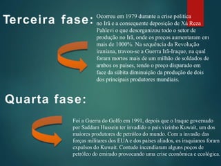 Ocorreu em 1979 durante a crise política
no Irã e a consequente deposição de Xá Reza
Pahlevi o que desorganizou todo o setor de
produção no Irã, onde os preços aumentaram em
mais de 1000%. Na sequência da Revolução
iraniana, travou-se a Guerra Irã-Iraque, na qual
foram mortos mais de um milhão de soldados de
ambos os países, tendo o preço disparado em
face da súbita diminuição da produção de dois
dos principais produtores mundiais.
Terceira fase:
Quarta fase:
Foi a Guerra do Golfo em 1991, depois que o Iraque governado
por Saddam Hussein ter invadido o país vizinho Kuwait, um dos
maiores produtores de petróleo do mundo. Com a invasão das
forças militares dos EUA e dos países aliados, os iraquianos foram
expulsos do Kuwait. Contudo incendiaram alguns poços de
petróleo do emirado provocando uma crise econômica e ecológica.
 