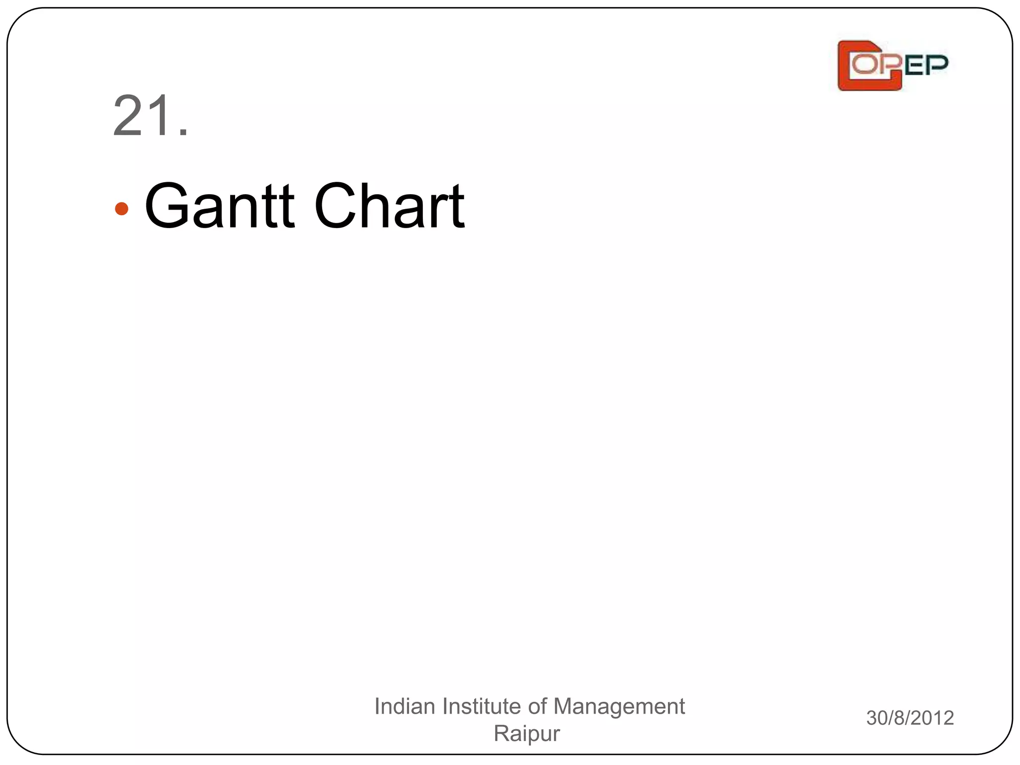 21.
• Gantt Chart




         Indian Institute of Management   30/8/2012
                      Raipur
 