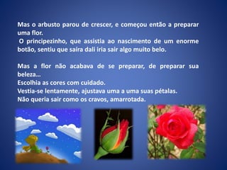 Mas o arbusto parou de crescer, e começou então a preparar
uma flor.
O principezinho, que assistia ao nascimento de um enorme
botão, sentiu que saíra dali iria sair algo muito belo.
Mas a flor não acabava de se preparar, de preparar sua
beleza…
Escolhia as cores com cuidado.
Vestia-se lentamente, ajustava uma a uma suas pétalas.
Não queria sair como os cravos, amarrotada.
 