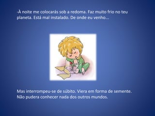 -À noite me colocarás sob a redoma. Faz muito frio no teu
planeta. Está mal instalado. De onde eu venho...
Mas interrompeu-se de súbito. Viera em forma de semente.
Não pudera conhecer nada dos outros mundos.
 