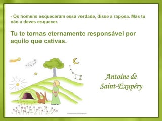 - Minha vida é monótona, disse a raposa. Mas se tu me cativas, minha vida será como que cheia de sol. E depois olha! Vês, lá longe, os campos de trigo? Eu não como pão. O trigo para mim é inútil. Mas tu tens cabelos cor de ouro,então será maravilhoso quando me tiveres cativado. O trigo, que é dourado, fará lembrar-me de ti. E eu amarei o barulho do vento no trigo...
