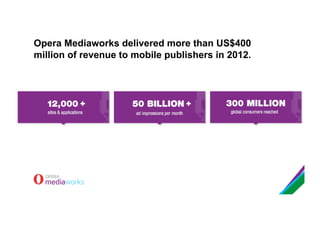 Opera Mediaworks delivered more than US$400
million of revenue to mobile publishers in 2012.
 