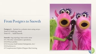 From Postgres to Snowth
Postgres 8… hacked in a column store using arrays
Tenet #3: build pg_statsd
Tenet #5: … build Snowth
Snowth: ring topology time-series store
(#1/#8) only commutative operations,
(#2) DTrace probes
(#3) Circonus itself (statsd, histograms, etc.)
(#4) backtrace.io
(#7) implemented Zipkin (Dapper-like) tracing
 