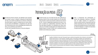 Preparaçãodaprova
No final do primeiro semestre, são definidas quais questões
vão compor a prova. A seleção é realizada por especialistas
do Inep, com auxílio de professores de diversas instituições
de ensino básico e superior. A seleção leva em conta a cober-
tura da matriz de habilidades e competências de cada área
do conhecimento, bem como a atualidade das temáticas dos
itens e seus parâmetros psicométricos.
Um HD com as questões da prova e o tema da redação é
1 levado de avião, por um servidor do Inep, até a gráfica de se-
gurança máxima. Outro servidor embarca, em um avião dife-
rente, levando a senha que permitirá a abertura dos arquivos
do HD. A prova é diagramada (disposição dos textos e ima-
gens na página) por colaboradores experientes, dentro de
uma sala segura da gráfica. Já a videoprova em Libras é gra-
vada em um estúdio montado dentro do Ambiente Físico In-
tegrado Seguro, no Inep. Os DVDs com o conteúdo da prova
também são enviados para a gráfica.
2 3 Após o ensalamento dos participantes, as
provas são produzidas, impressas e liberadas
com um rígido esquema de segurança e
mínimocontatohumano.Ospacotesjásaemda
rotativa separados por sala e local de aplicação.
A parte personalizada da prova (Cartão-Respos-
ta, Folha de Redação e o Caderno de Questões)
é impressa de forma separada.
A gráfica é dividida em duas alas. Para garantir que os cadernos de questões não se misturem, uma imprime o
primeiro dia de prova e a outra imprime o segundo.Todos os funcionários da gráfica são monitorados por
câmeras de segurança e usam camisetas de cores diferentes, que identificam a função de cada pessoa. Só os
funcionários de extrema confiança, identificados com uma cor específica, podem chegar perto da rotativa de
impressão. Se alguém com outra cor de camiseta se aproxima das provas, é disparado um alarme. Para entrar
na área de impressão, os funcionários da gráfica passam por várias camadas de segurança, que incluem
escâner corporal. As provas prontas são colocadas em malotes, imediatamente lacrados.
VOCÊ
SABIA?
DuranteAntes Depois
prosseguir
voltar
 