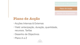 Humanizar a Experiência
Plano de Acção
Gestão de Alojamento
Plano de Acção
l
Acções Internas & Externas

l
Yield: antecipação, duração, quantidade,
recursos. Tarifas

l
Desenho de Objectivos

l
Plano A a Z
 