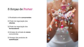 5 forças de Porter
1) Rivalidade entre concorrentes

2) Poder de negociação dos
clientes

3) Poder de negociação dos
fornecedores

4) Ameaça de entrada de novos
concorrentes

5) Ameaça dos produtos de
substituição
 