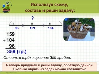 Используя схему,
составь и реши задачу:
9
I II III
96 159 104
?
159
104
96
+
359 (гр.)
Ответ: в трёх корзинах 359 грибов.
А теперь придумай и реши задачу, обратную данной.
Сколько обратных задач можно составить?
 