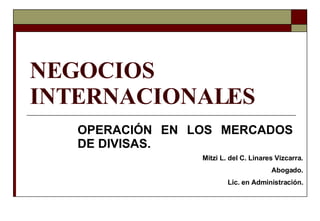 NEGOCIOS INTERNACIONALES OPERACIÓN EN LOS MERCADOS DE DIVISAS. Mitzi L. del C. Linares Vizcarra. Abogado. Lic. en Administración. 