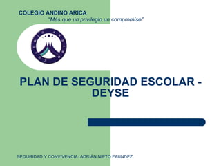 PLAN DE SEGURIDAD ESCOLAR - DEYSE COLEGIO ANDINO ARICA   “ Más que un privilegio un compromiso”      SEGURIDAD Y CONVIVENCIA: ADRIÁN NIETO FAUNDEZ. 