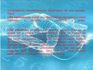 2.Indicadores: manifestaciones observables de una variable. Tipos:a)De equivalencia: existe una identidad de equivalencia entre indicador y variable. Ej.: violencia y golpe.                                                                                                                                    b)De inferencia: variables, significados, valores. Esto no se puede ver a simple vista necesitamos hacer un trabajo de deducción  a través de una serie de indicadores. Por eso hay que hacer una prueba piloto para recoger el mayor número de indicadores en los cuales se manifiesta una variable. Ejemplo: si alguien quiere saber si en una casa viven niños se da una vuelta por los alrededores y si hay juguetes se deducen que hay niños. Otro ejemplo seria cuando preguntamos a cualquier persona si es racista. 