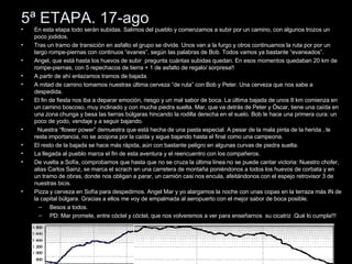 5ª ETAPA. 17-ago En esta etapa todo serán subidas. Salimos del pueblo y comenzamos a subir por un camino, con algunos trozos un poco jodidos.  Tras un tramo de transición en asfalto el grupo se divide. Unos van a la furgo y otros continuamos la ruta por por un largo rompe-piernas con continuos “evanes”, según las palabras de Bob. Todos vamos ya bastante “evaneados”.  Angel, que está hasta los huevos de subir  pregunta cuántas subidas quedan. En esos momentos quedaban 20 km de rompe-piernas, con 5 repechacos de tierra + 1 de asfalto de regalo/ sorpresa!!  A partir de ahí enlazamos tramos de bajada.  A mitad de camino tomamos nuestras última cerveza “de ruta” con Bob y Peter. Una cerveza que nos sabe a despedida. El fin de fiesta nos iba a deparar emoción, riesgo y un mal sabor de boca. La última bajada de unos 8 km comienza en un camino boscoso, muy inclinado y con mucha piedra suelta. Mar, que va detrás de Peter y Óscar, tiene una caída en una zona chunga y besa las tierras búlgaras hincando la rodilla derecha en el suelo. Bob le hace una primera cura: un poco de yodo, vendaje y a seguir bajando. Nuestra “flower power” demuestra que está hecha de una pasta especial. A pesar de la mala pinta de la herida , le resta importancia, no se acojona por la caída y sigue bajando hasta el final como una campeona.  El resto de la bajada se hace más rápida, aún con bastante peligro en algunas curvas de piedra suelta. La llegada al pueblo marca el fin de esta aventura y el reencuentro con los compañeros. De vuelta a Sofía, comprobamos que hasta que no se cruza la última línea no se puede cantar victoria: Nuestro chofer, alias Carlos Sainz, se marca el scrach en una carretera de montaña poniéndonos a todos los huevos de corbata y en un tramo de obras, donde nos obligan a parar, un camión casi nos encula, afeitándonos con el espejo retrovisor 3 de nuestras bicis.  Pizza y cerveza en Sofía para despedirnos. Angel Mar y yo alargamos la noche con unas copas en la terraza más IN de la capital búlgara. Gracias a ellos me voy de empalmada al aeropuerto con el mejor sabor de boca posible. Besos a todos. PD: Mar promete, entre cóctel y cóctel, que nos volveremos a ver para enseñarnos  su cicatriz .Qué lo cumpla!!! 