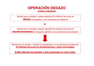 OPERACIÓN DEDAZO
                           CONCLUSIONES

     Desde que es alcalde, Losada adjudicó 25 millones de euros en
           obras municipales a sus empresas de cabecera
                                 +
     Desde que es alcalde, Losada adjudicó 25 millones de euros en
mantenimientos de espacios públicos a sus empresas de cabecera



Desde que es alcalde, Losada ha adjudicado a sus empresas de cabecera
    50 millones de euros en mantenimientos y obras municipales

   8.000 millones de pesetas a tres empresas en cinco años
 