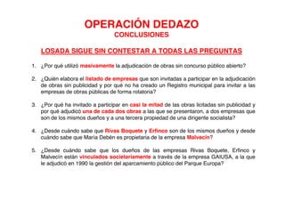 OPERACIÓN DEDAZO
                                  CONCLUSIONES

   LOSADA SIGUE SIN CONTESTAR A TODAS LAS PREGUNTAS

1. ¿Por qué utilizó masivamente la adjudicación de obras sin concurso público abierto?

2. ¿Quién elabora el listado de empresas que son invitadas a participar en la adjudicación
   de obras sin publicidad y por qué no ha creado un Registro municipal para invitar a las
   empresas de obras públicas de forma rotatoria?

3. ¿Por qué ha invitado a participar en casi la mitad de las obras licitadas sin publicidad y
   por qué adjudicó una de cada dos obras a las que se presentaron, a dos empresas que
   son de los mismos dueños y a una tercera propiedad de una dirigente socialista?

4. ¿Desde cuándo sabe que Rivas Boquete y Erfinco son de los mismos dueños y desde
   cuándo sabe que María Debén es propietaria de la empresa Malvecín?

5. ¿Desde cuándo sabe que los dueños de las empresas Rivas Boquete, Erfinco y
   Malvecín están vinculados societariamente a través de la empresa GAIUSA, a la que
   le adjudicó en 1990 la gestión del aparcamiento público del Parque Europa?
 