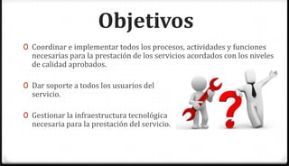 Objetivos
0 Coordinar e implementar todos los procesos, actividades y funciones
  necesarias para la prestación de los servicios acordados con los niveles
  de calidad aprobados.

0 Dar soporte a todos los usuarios del
  servicio.

0 Gestionar la infraestructura tecnológica
  necesaria para la prestación del servicio.
 