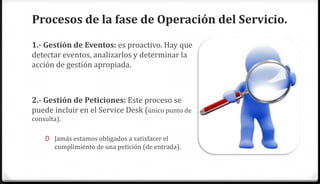 Procesos de la fase de Operación del Servicio.
1.- Gestión de Eventos: es proactivo. Hay que
detectar eventos, analizarlos y determinar la
acción de gestión apropiada.



2.- Gestión de Peticiones: Este proceso se
puede incluir en el Service Desk (único punto de
consulta).

    0 Jamás estamos obligados a satisfacer el
       cumplimiento de una petición (de entrada).
 
