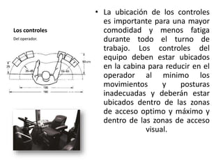 Los controles
• La ubicación de los controles
es importante para una mayor
comodidad y menos fatiga
durante todo el turno de
trabajo. Los controles del
equipo deben estar ubicados
en la cabina para reducir en el
operador al minimo los
movimientos y posturas
inadecuadas y deberán estar
ubicados dentro de las zonas
de acceso optimo y máximo y
dentro de las zonas de acceso
visual.
Del operador.
 