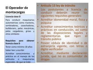 El Operador de
montacargas
• Artículo 13 ley de tránsito
Los postulantes a licencia de
conducir deberán reunir los
siguientes requisitos generales:
• Acreditar idonenidad moral, física y
psiquica
• Acreditar conocimientos teóricos y
prácticos en conducción, así como
de las disposiciones legales y
reglamentarias que rigen el
tránsito público
• Poseer cédula de identidad o de
extranjería vigente, con letras o
dígito verificador
• Acreditar, mediante declaración
jurada, que no es consumidor de
drogas
Licencia clase D
Para conducir maquinarias
automotrices como tractores,
sembradoras, cosechadoras,
bulldorzers, palas mecánicas,
palas cargadoras, grúas y
otras similares
Requisitos para obtener
licencia clase D
Tener como mínimo 18 años
Saber leer y escribir
Acreditar conocimientos y
práctica en el manejo de los
vehículos o maquinarias
especiales de que se trate
 
