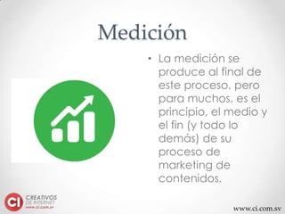 www.ci.com.sv
Medición
• La medición se
produce al final de
este proceso, pero
para muchos, es el
principio, el medio y
el fin (y todo lo
demás) de su
proceso de
marketing de
contenidos.
 