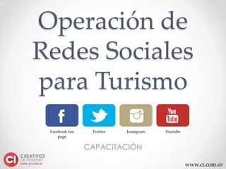 www.ci.com.sv
Operación de
Redes Sociales
para Turismo
CAPACITACIÓN
Facebook fan
page
Twitter Instagram Youtube
 