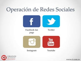 www.ci.com.sv
Operación de Redes Sociales
Facebook fan
page
Twitter
Instagram Youtube
 