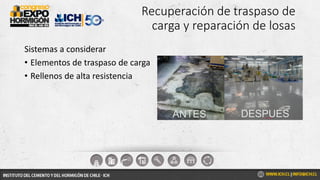 Recuperación de traspaso de
carga y reparación de losas
Sistemas a considerar
• Elementos de traspaso de carga
• Rellenos de alta resistencia
 