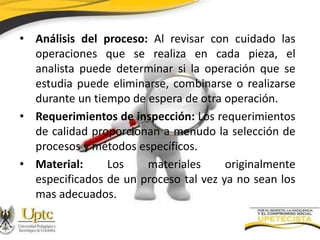 • Análisis del proceso: Al revisar con cuidado las
operaciones que se realiza en cada pieza, el
analista puede determinar si la operación que se
estudia puede eliminarse, combinarse o realizarse
durante un tiempo de espera de otra operación.
• Requerimientos de inspección: Los requerimientos
de calidad proporcionan a menudo la selección de
procesos y métodos específicos.
• Material:
Los
materiales
originalmente
especificados de un proceso tal vez ya no sean los
mas adecuados.

 