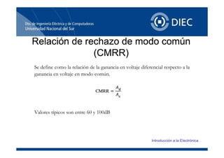 Relación de rechazo de modo comúnRelación de rechazo de modo comúnRelación de rechazo de modo comúnRelación de rechazo de modo común
(CMRR)(CMRR)
Se define como la relación de la ganancia en voltaje diferencial respecto a la
ganancia en voltaje en modo común.
Valores típicos son entre 60 y 100dBp y
Introducción a la Electrónica
 