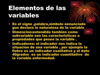 Elementos de las variables Es el signo ,palabra,simbolo oenunciado gue declara la naturaleza de la variable Dimencion:entendida tambien como subvariable son las caracteristicas o propiedades que posee la variable . Indicadores: el indicador nos indica la situacion de una variable , por ejemplo la fiebre es un indicador cualitativo y el dato 40grados  es un indicador cuantitativo  de la variable enfermedad.  