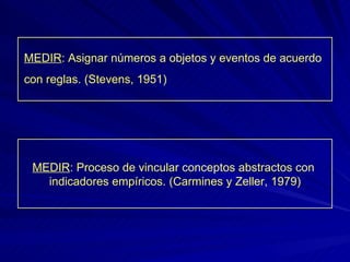 MEDIR : Asignar números a objetos y eventos de acuerdo con reglas. (Stevens, 1951) MEDIR : Proceso de vincular conceptos abstractos con  indicadores empíricos. (Carmines y Zeller, 1979) 