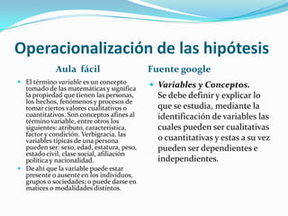 Operacionalización de las hipótesisAula  fácilFuente googleEl término variable es un concepto tomado de las matemáticas y significa la propiedad que tienen las personas, los hechos, fenómenos y procesos de tomar ciertos valores cualitativos o cuantitativos. Son conceptos afines al término variable, entre otros los siguientes: atributo, característica, factor y condición. Verbigracia, las variables típicas de una persona pueden ser: sexo, edad, estatura, peso, estado civil, clase social, afiliación política y nacionalidad. De ahí que la variable puede estar presente o ausente en los individuos, grupos o sociedades; o puede darse en matices o modalidades distintos. Variables y Conceptos.Se debe definir y explicar lo que se estudia, mediante la identificación de variables las cuales pueden ser cualitativas o cuantitativas y estas a su vez pueden ser dependientes e independientes. 