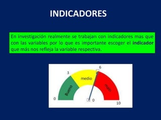 INDICADORES
En investigación realmente se trabajan con indicadores mas que
con las variables por lo que es importante escoger el indicador
que más nos refleja la variable respectiva.
 